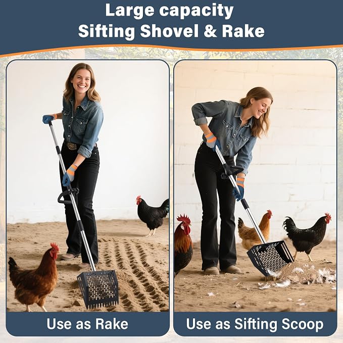 Linidcoud Chicken Poop Scooper, 10 Inch Metal Long Handle Chicken Coop Sand Pooper Scooper & Rake Adjustable Length, Durable Dog Pooper Scooper for Yard Farm Coop Accessories(Black)