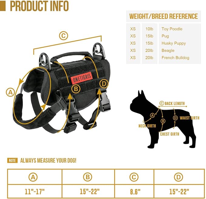 OneTigris Tactical Dog Harness XS Small Dog Vest with Handle | Military XS dog harness with vertical control handle. Soft fleece padding & quick-release. Ideal for training & walks.
