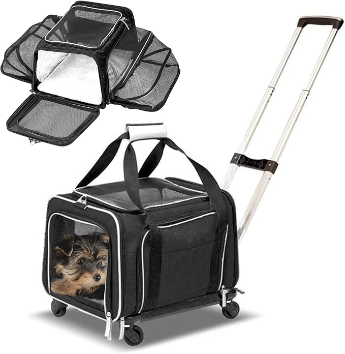 RUFF LIFE 101 Airline Approved Expandable Premium Pet Carrier on Wheels- Two Sided Rolling Carrier- Designed for Dogs & Cats- Extra Spacious Soft Lined Carrier! (Black) (RL-PET-CARRIER-WHEELS)