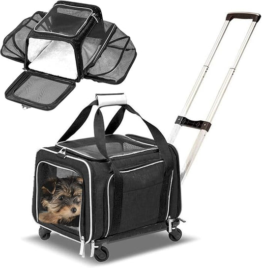 RUFF LIFE 101 Airline Approved Expandable Premium Pet Carrier on Wheels- Two Sided Rolling Carrier- Designed for Dogs & Cats- Extra Spacious Soft Lined Carrier! (Black) (RL-PET-CARRIER-WHEELS)