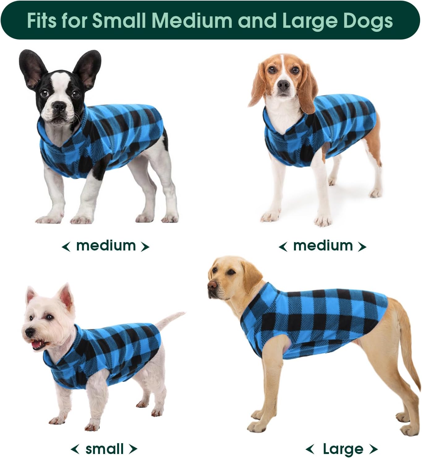 Kuoser Dog Fleece Vest,Warm Plaid Dog Sweater with Leash Hole,Soft Turtleneck Winter Pet Jacket Dogs Coat Pullover Clothes for Small Medium Dogs Cats,Spring Fall Cold Weather Christmas Outfit,Blue XS