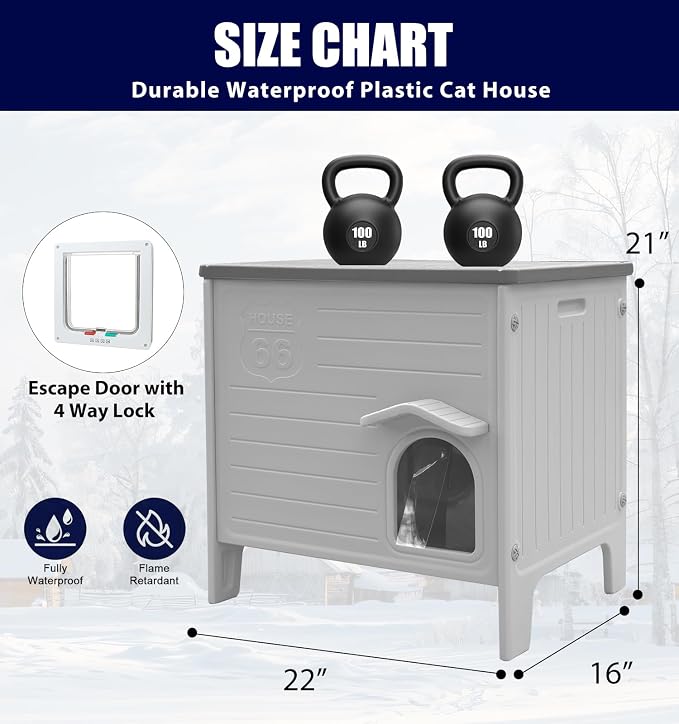 Plastic Cat House Outdoor & Indoor, Feral Cat Houses with Escape Door, Waterproof Outdoor Cat House for Feral Cats, Outside Cat Shelter for Small Pet, Assemble Easily-Grey