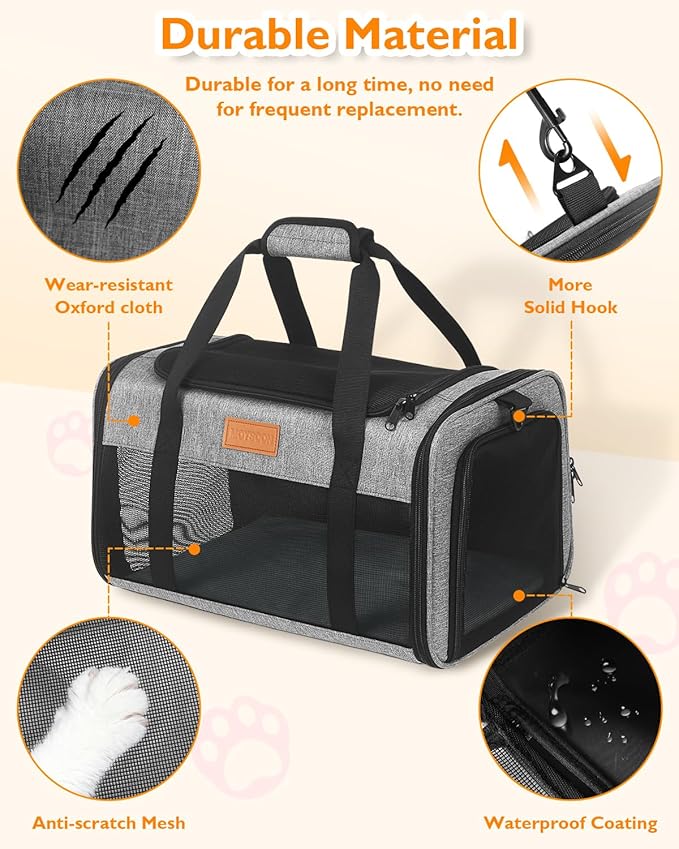 PETUX Airline Approved Pet Carrier for Small Cats up to 12 lb, 17x11x9.5 in | Underseat, Top & Side Entry, TSA‑Friendly, Soft Sided Cat Carrier with Breathable Anti-Scratch Mesh for Travel & Vet, Grey