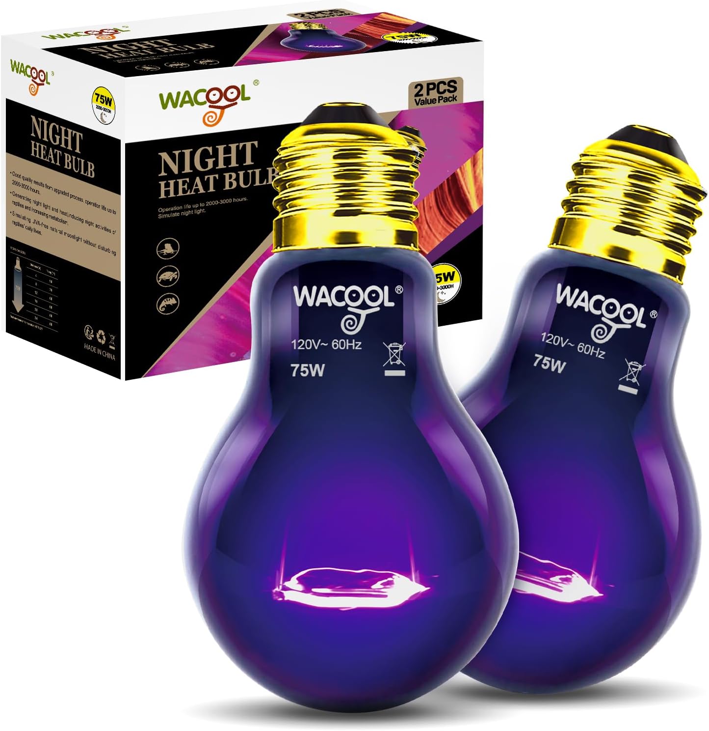 WACOOL 2Pack Reptile Night Heat Lamp, 75W Night Heat Lamp for Reptiles & Amphibians,Simulate Nature Moonlight Purple Night Light for Bearded Dragon Lizard Snake Crab