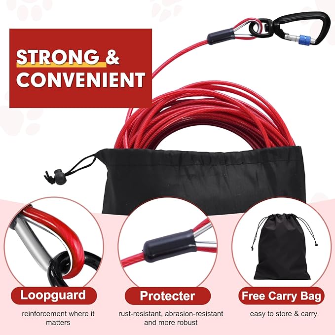 Snagle Paw Dog Tie Out Cable 15FT,Heavy Duty Dog Leads for Yard with Shock Absorbing Spring & Swivel Hook,Leash Cable for Outdoor Camping,Dog Line for Small Large Dogs,withstand 1000LBS Break Strength