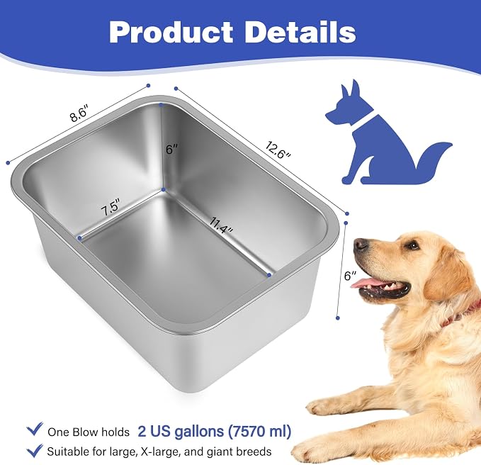 2 Gallon Large Dog Water Bowl, 2 Pack Stainless Steel Dog Bowls | 12.6 x 8.7 x 5.9 in Bowl Set, Food or Water Use, Indoor Outdoor Use, Wide Opening, Rounded Corners, Easy Rinse