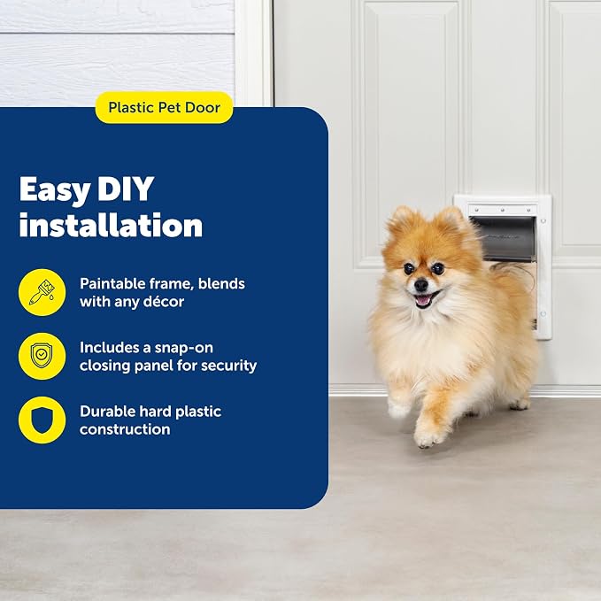 PetSafe Plastic Dog & Cat Door, Pets Up to 15 lb, Small | Flap Opening 5 1/8 in W x 8 1/4 in H, Snap-on Closing Panel, Paintable Frame, Easy DIY Install