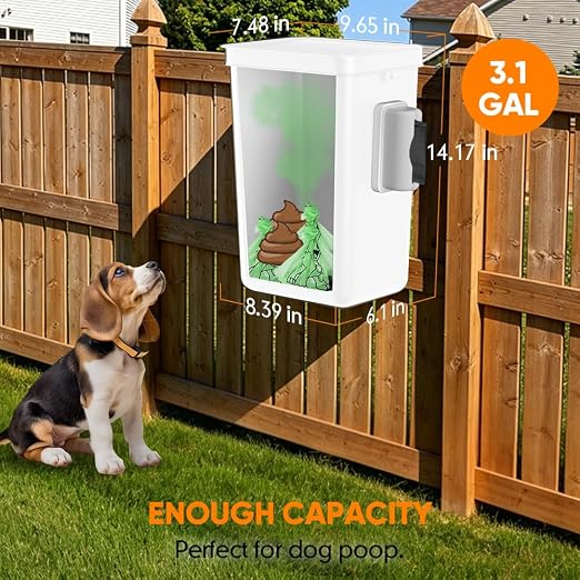 Moryimi Dog Poop Trash Can Outside 3.1 Gallon White | Dog Waste Trash Can with Trash Bag Dispenser, Outdoor Dog Poop Trash Can with Lid, White Hanging Trash Can for Fence, Garbage