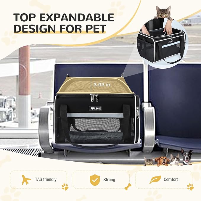 Lekereise Top-Expandable Pet Carrier 17x11x9.5 Inch Alaska Hawaiian Airline Approved Soft Sided Underseat to 12lbs Travel Carriers for Small Dogs and Cats with Locking Safety Zippers Anti-Scratch Mesh
