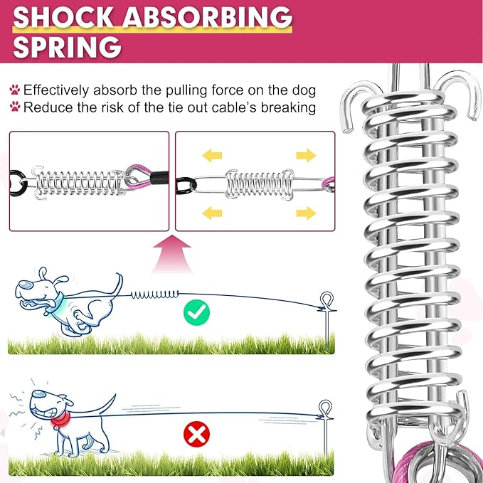 Snagle Paw 20FT Heavy Duty Dog Lead Cable with Shock Absorbing Spring & Swivel Hook, Dog Tether for Yard, Withstand 1000LBS Break Strength