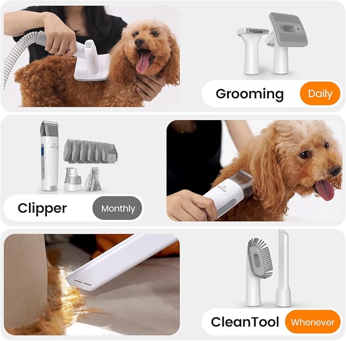 oneisall Dog Grooming Vacuum, Pet Grooming Vacuum with Clipper Nail Grinder, 1.5L Dust Cup Dog deshedding Brush with 7 Tools for Shedding Pet Hair, Home Cleaning (Grey)