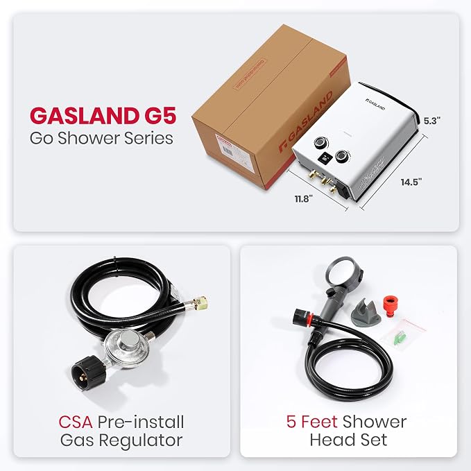 GASLAND Goshower G5 Portable Camping Hot Water Heater | 5L 1.32GPM |Compact | Propane Outdoor Shower for Camping, Off-Grid, Dog Station, Digital Display, Adjustable Temperture, Overheating Protection