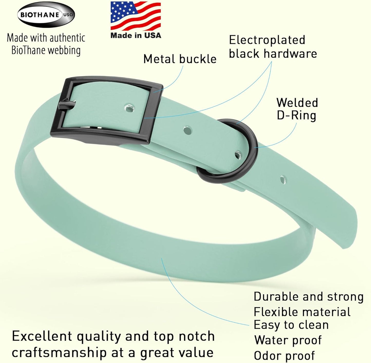 Dogline Biothane Waterproof Dog Collar Strong Coated Nylon Webbing with Black Hardware Odor- Proof for Easy Care Easy to Clean High Performance Fits Small Medium or Large Dogs, Sage Green