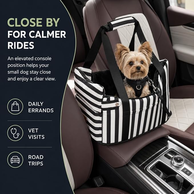 Console Dog Car Seat for Small Dogs to 15lbs (Black& White Stripes) | Center Console Puppy Booster and Portable Travel Bed, Anti-Collapse Design with Washable Fluffy Cushion