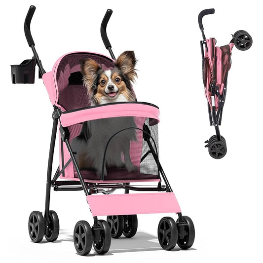 Magshion Compact Pet Stroller for Small-Medium Dogs/Cats up to 22lbs, 4-Wheel Lightweight Umbrella Shaped Portable Puppy Travel Jogger with Breathable Mesh, Cup Holder & Rear Storage, Pink