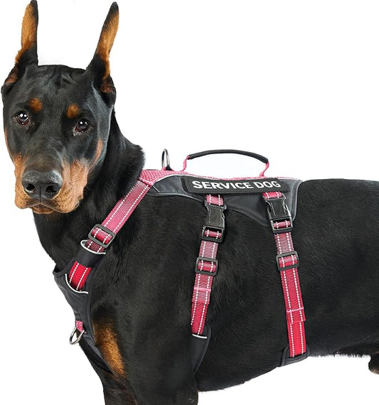 Service Dog Vest Harness, Escape Proof Harness with 6 Patches, No-Pull, Reflective Harness with Handle, Adjustable for Small to Large Dogs, for Training and Hiking (Red, L)