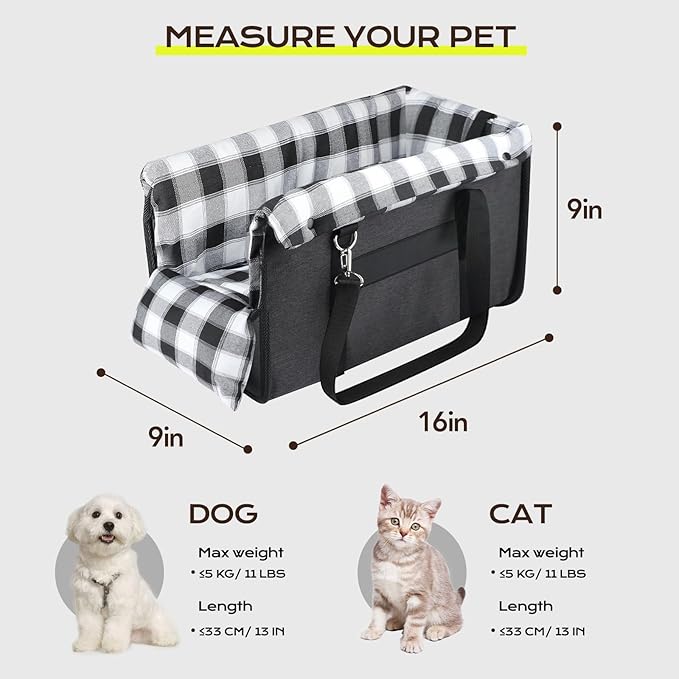 Center Console Dog Car Seat, Detachable and Washable Inner Lining Dog Cat Car Seat Anti-Collapse Small Dog Pet Car Seat with Safety Belt Up to 11lbs(Black)