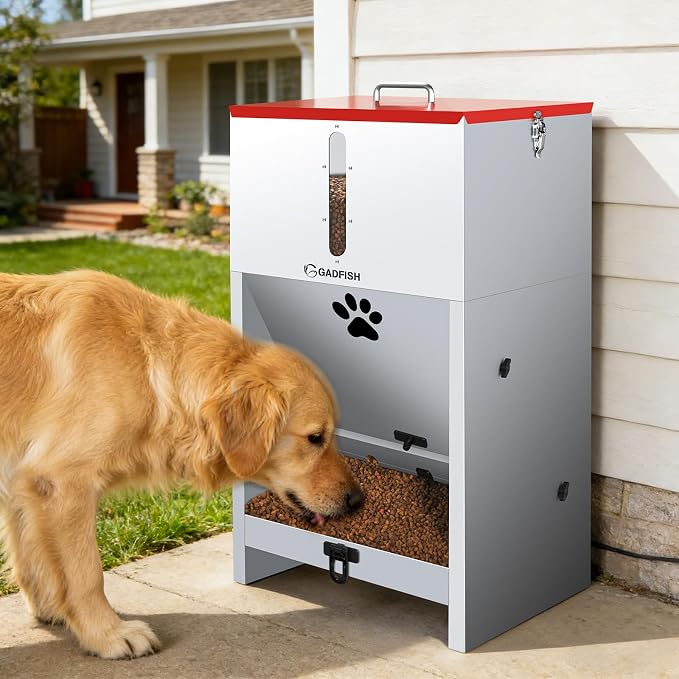 60 lbs Large Automatic Dog Feeder, Outdoor Heavy Duty Pet Feeder for Large Breed Dogs, with Viewing Window and Lockable Door
