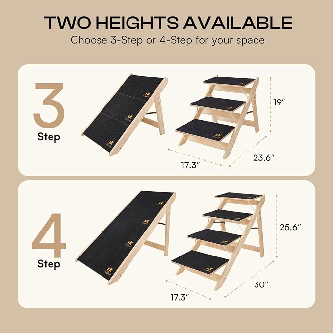 Luciphia Wooden 2-in-1 Dog Stairs, 3-Step Foldable Anti-Slip Pet Steps | For beds, cars, and couch, supports up to 220lbs, ideal for small, aged, and injured dogs and cats, indoor and outdoor use