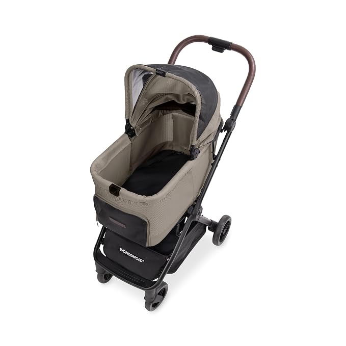 WonderFold Bella Pet Stroller - Autofold Design with Lightweight Aluminum Frame, Breathable Carriage Fabrics and Canopy, Safety Tethers & Easy-Clean Interior - Dune