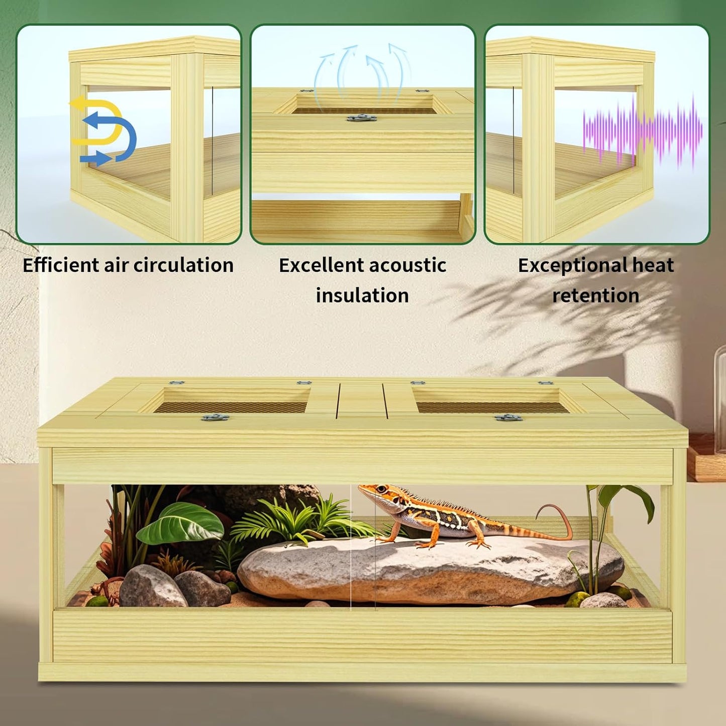32 Gallon Reptile Tank, Solid Wood Bearded Dragon Tank, Front Opening Snake Enclosure, Lockable Sliding Doors, Small Reptile Terrarium for Lizard, Leopard Gecko, 36" x 18" x 12"