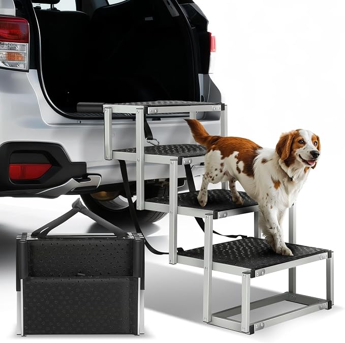 Auto Dynasty Dog Stairs for Car - 4 Steps Wide 31.4in High 25in Foldable Dog Ramp for Car Non-Slip Surface Support up to 150lbs - Suitable for SUV,Truck, Sofas, Bed/Couch