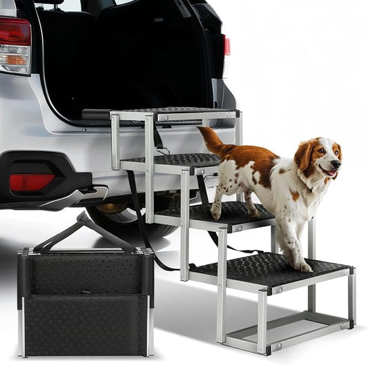Auto Dynasty Dog Stairs for Car - 4 Steps Wide 31.4in High 25in Foldable Dog Ramp for Car Non-Slip Surface Support up to 150lbs - Suitable for SUV,Truck, Sofas, Bed/Couch
