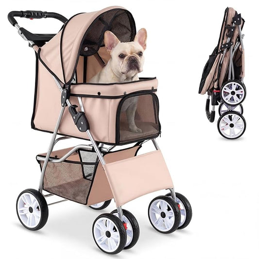 Giantex Foldable Pet Stroller for Small Dogs & Cats, Lightweight Dog Stroller with Lockable Wheels, One-Hand Quick Fold, Adjustable Canopy, Safety Leash & Storage Basket, Pet Travel Stroller, Beige
