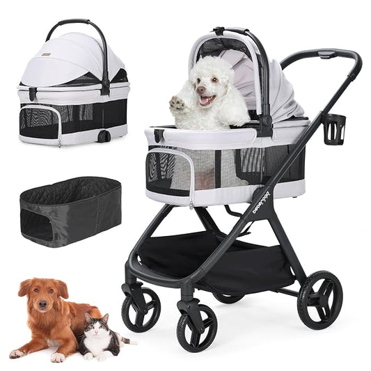 X-5 Pet Stroller for Medium Pets Up to 55 lbs, Net Gray | Full View, Adjustable Handle, Detachable Carrier, Convertible Car Seat, One-Touch Fold, All-Terrain Wheels, 3-in-1 Design