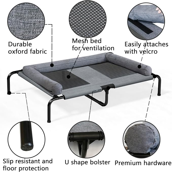PETIME Cooling Elevated Pet Cushion Bed Raised Dog Cots for Small Dogs, Portable Indoor & Outdoor Pet Hammock, Frame with Breathable Mesh and Removable Bolsters (54 Inch)