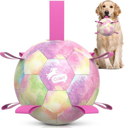 QDAN Dog Balls: Herding Ball for Dogs, Outdoor Toys Dog Soccer Ball with Straps, Interactive Pet Toys for World Cup Large Dogs Tug of War, Pet Birthday Gifts,Gradient Rainbow (8 Inch)