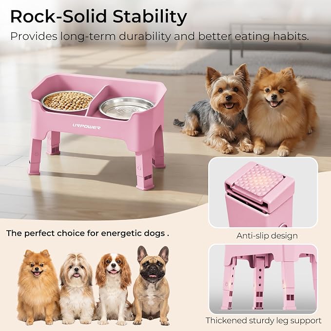 URPOWER Mess Proof Elevated Dog Bowls, Splash Guard Raised Bowl Stand | 4 Adjustable Heights, 2 Stainless Steel Bowls, Food & Water Separation, Non-Slip Base, Foldable Design for Small Dogs
