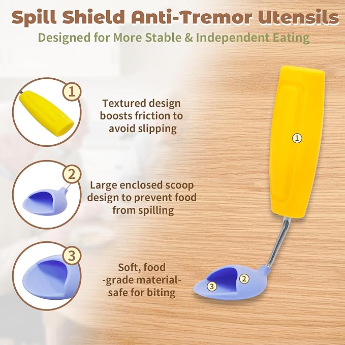 Anti-Tremor Spill Shield Spoon for Hand Tremors Parkinsons, Weighted Adaptive Utensils with Large Enclosed Scoop, Ergonomic Non-Slip Handle, Dishwasher Safe (Yellow, Forward-Tilt)