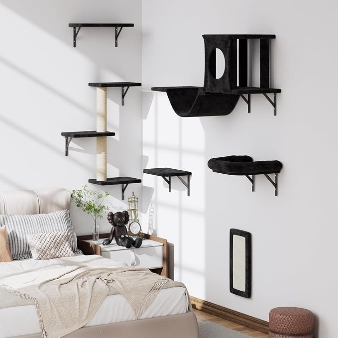 12-in-1 Cat Wall Shelves, Luxury Wall-Mounted Cat Climber Set with Condos House, Scratching Post, Bridge Ladder, Indoor Space-Saving Furniture for Kittens, Black