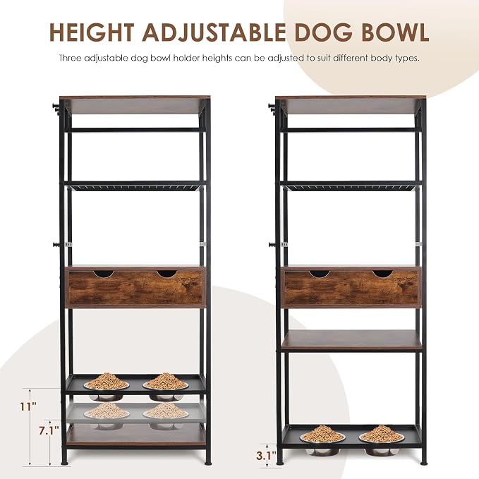 Dog Feeding Station Storage Furniture Shelves with Drawer, 3 Levels Height Adjustable Raised Dog Bowls