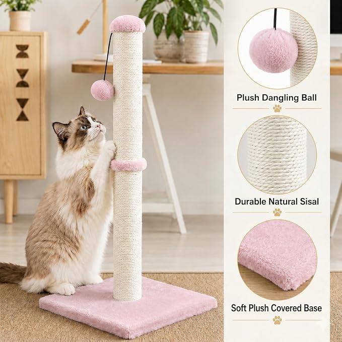 Dimaka Tall Cat Scratching Post, Claw Scratcher with Sisal Rope and Covered with Soft Smooth Plush, Vertical Scratch [Full Strectch] for Standard Size Cats (Pink, 29 inches for All Cats)