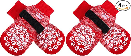 EXPAWLORER Anti Slip Dog Socks, Red, Medium, 4 Count, Fabric, Elastic Band, Dog, Paw Protection, Indoor & Outdoor