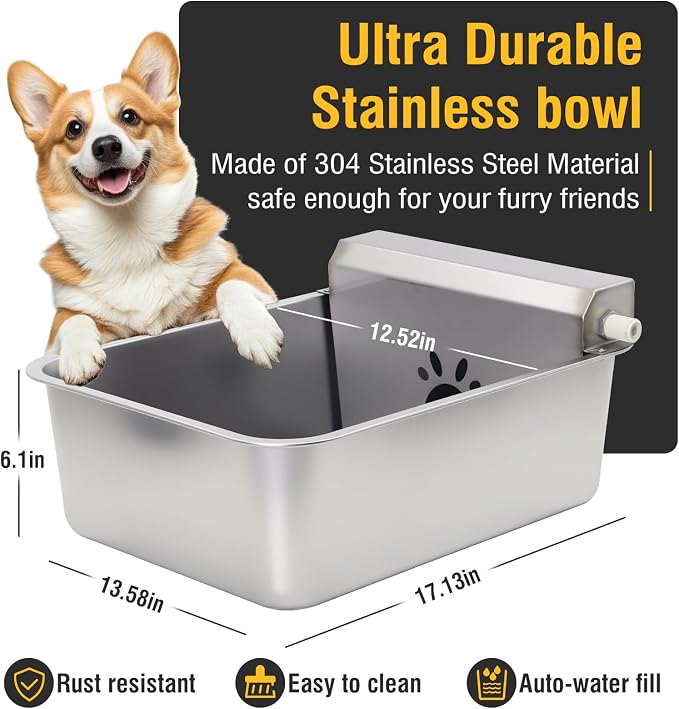 5Gal/20L Automatic Dog Water Dispenser, 78.7" Hose Stainless Steel Bowl | X-Large Auto-Fill, Float Valve Dog Water Bowl, Anti Tip Fit 3/4'' GHT Outdoor/Indoor Faucet for Livestock Animal Drinking
