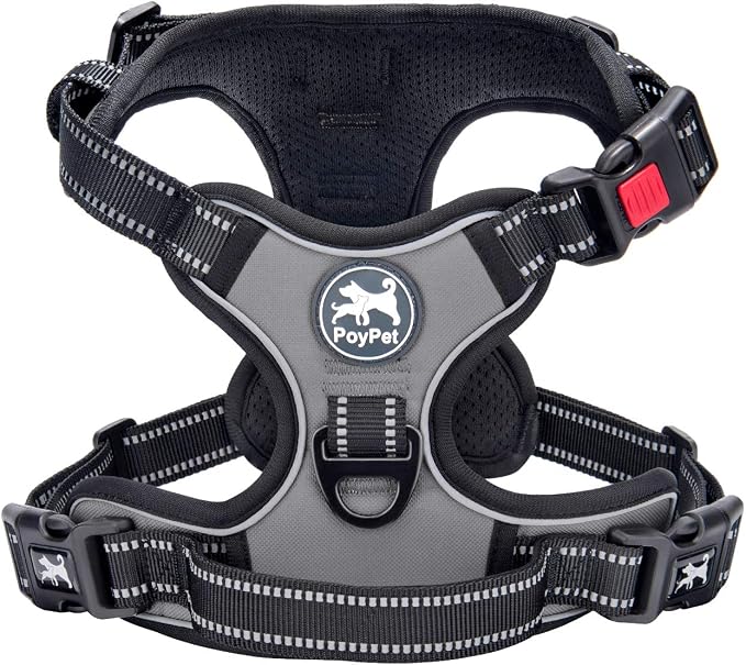 PoyPet No Pull Dog Harness Medium with Front Clip & Neck Release Buckle | No Choke, Adjustable Vest, Reflective, Back Clip, Lockable, Soft Padded, Easy Control Handle for Walking Training, M, Grey