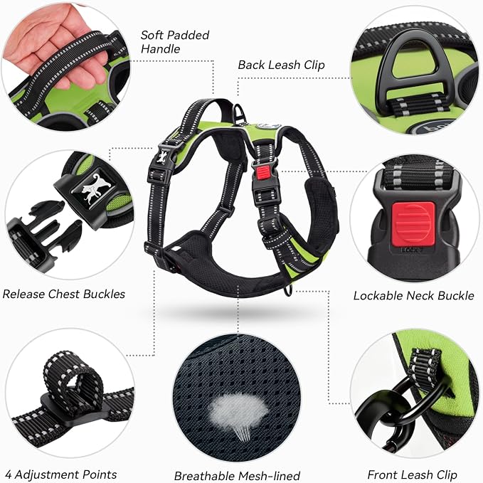 PoyPet No Pull Dog Harness Large with Front Clip & Neck Release Buckle | No Choke, Adjustable Vest, Reflective, Back Clip, Lockable, Soft Padded, Easy Control Handle for Walking Training, XL, Green