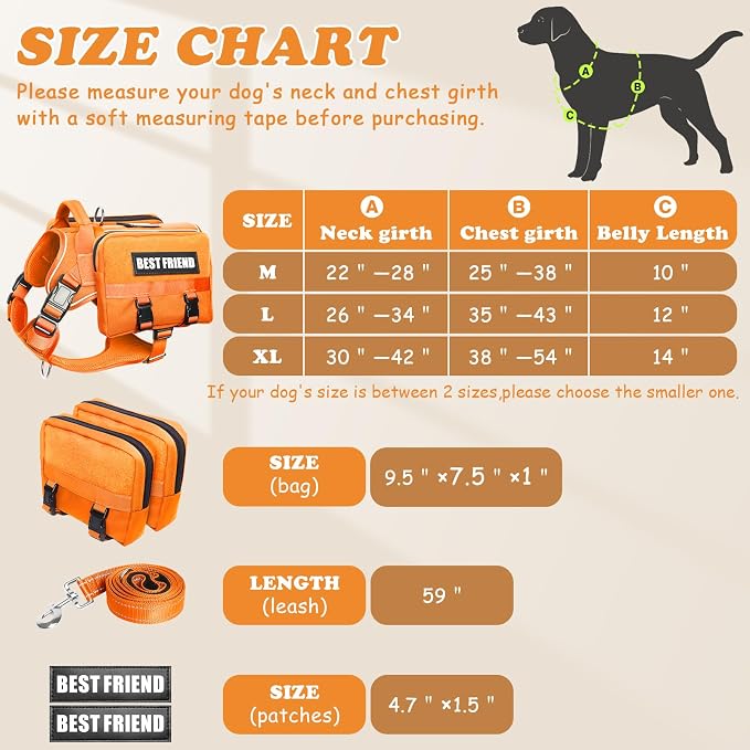 Dog Backpack Harness and Leash Set for Large Dogs Orange XL | Removable Side Pockets Dog Vest with Padded Handle&MOLLE,No Pull Front&Back Metal Clips for Hiking Training Walking Hunting