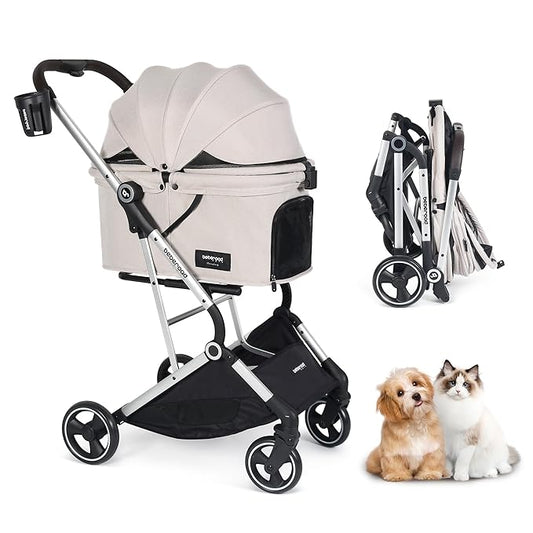 Beberoad Pet Stroller for Small Dogs and Medium Pets 4 Wheel | Aluminum Alloy Frame, All-Terrain Wheels, One Hand Fold Stroller, Lightweight Roomy Cabin