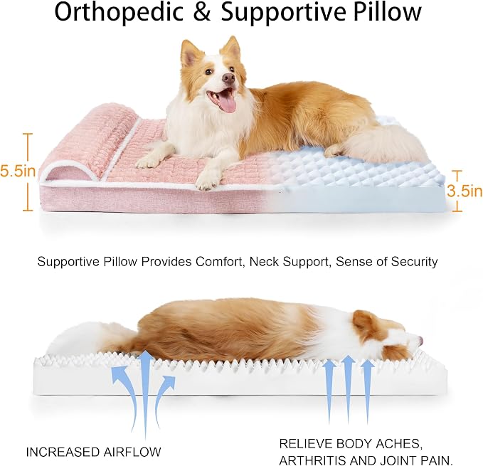 Orthopedic Large Dog Bed Pillow Pet Sofa Bed 48''X30'' Pink | Egg-Crate Foam Pet Couch Large Sized Dog, Waterproof Removable Washable Cover,Furry Puppy Crate Mat With Nonskid Bottom
