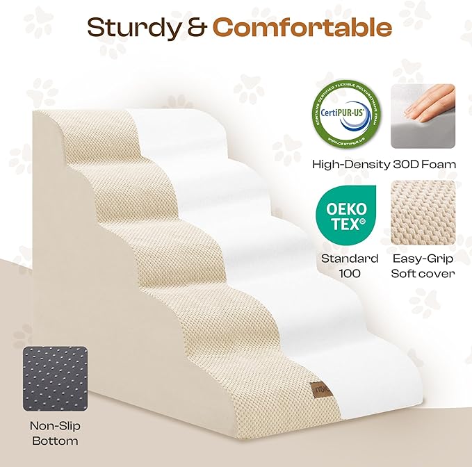 Replacement Cover for Miorun Extra Wide 5-Step Dog Stairs (Cover Only), Machine Washable, Anti-Slip, Fits Curved Dog Ramp for High Bed Up to 26", Beige