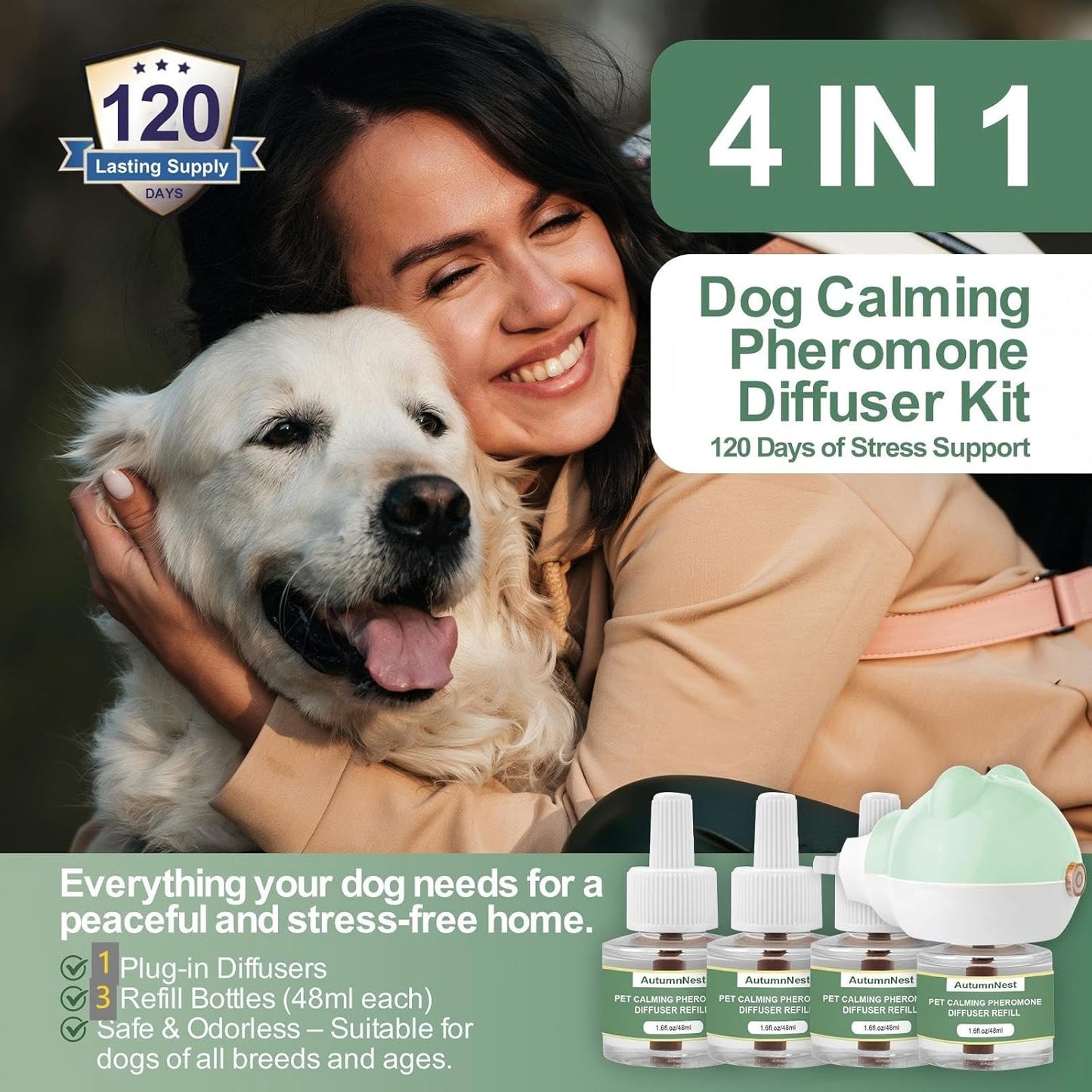 Dog Calming Diffuser Plug-in with Gentle Night Glow, 3 Refills Kit for Behavioral Support, Stress Soothing Aid for Pets During Travel, Thunder, Vet Visits, Fireworks, Safe Formula, 90 Days Supply