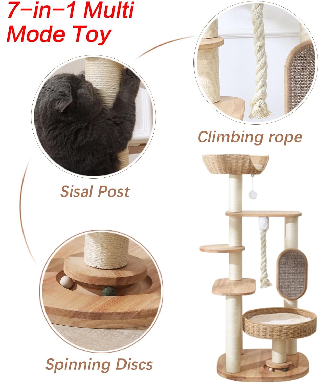 Wooden Cat Tree for Large Cat, 49.6-Inch Tall Cat Tower with Scratching Post for Indoor Cats, Multi-Level Cat Condo with Hand-Woven Cat Bed and Scratching Board Easy to Clean