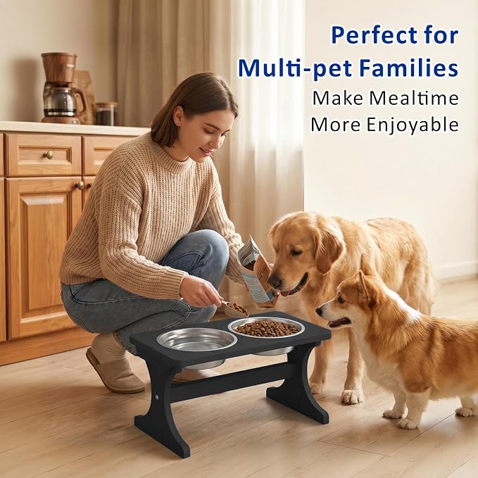 Raised Dog Bowl Stand for Medium Breed, Feeding Station with 35 oz 2 Stainless Steel Bowls & Licking Plate,Dog Food Bowl Black