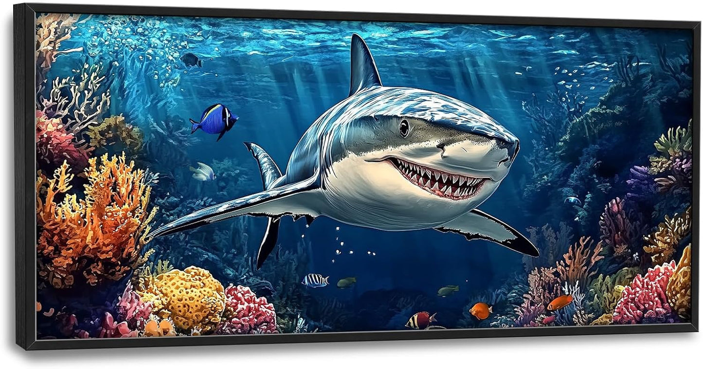 Large Ocean Shark Wall Art for Living Room, Framed Oversized Shark Fish Wall Decor Underwater Marine Life Canvas Painting Modern Artwork for Living Room Bathroom Bedroom Office Dining Room 60"x30"