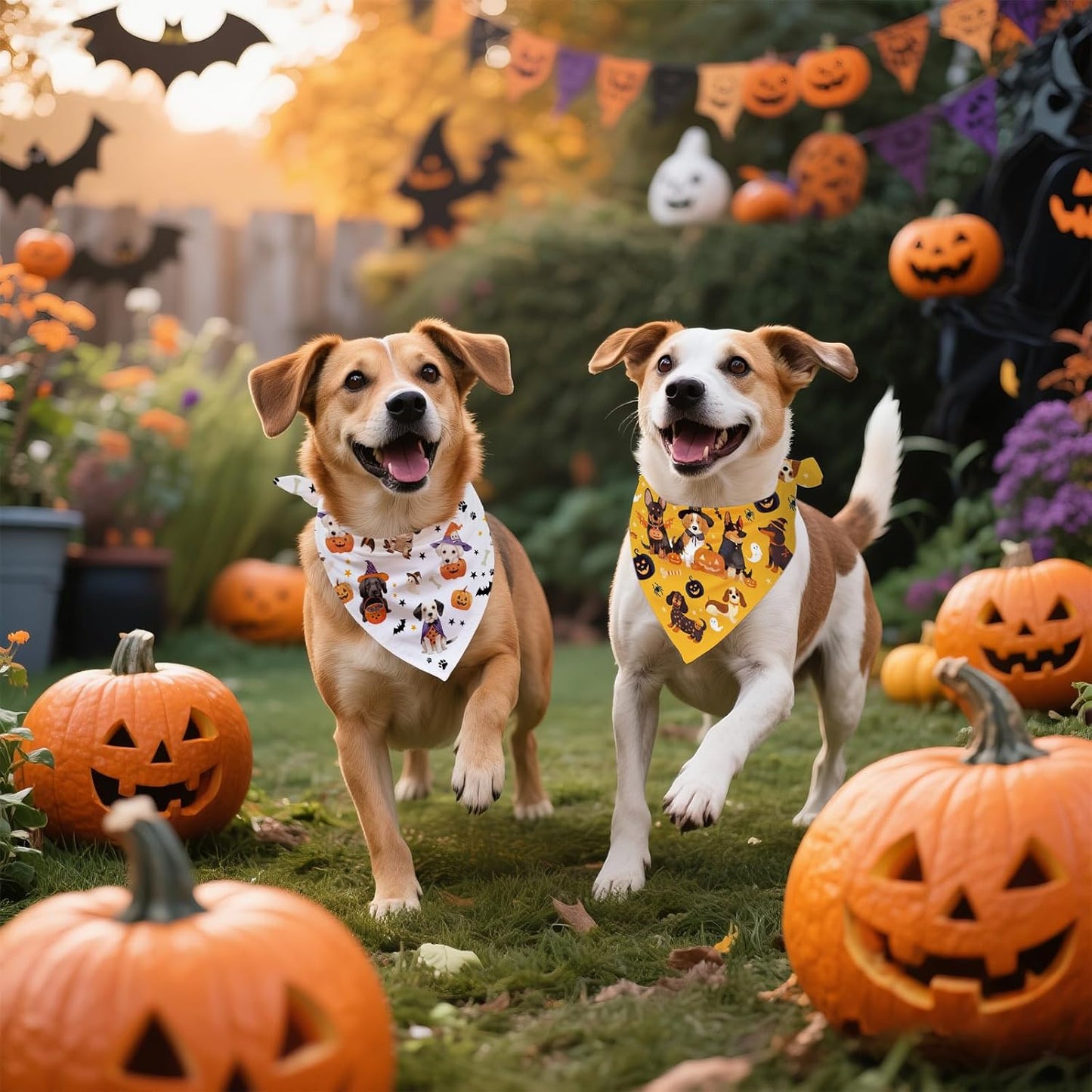 Halloween Dog Bandanas 2 Pcs, Pet Scarf for Dog Girl Boy, Spooky Triangle Puppy Scarf Kerchief Bandana Pet Dogs On Halloween, Ghost Pumpkin Bat Print Gifts for Dogs Lovers (Medium)