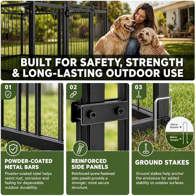 4 x 4 x 4.25 FT Outdoor Dog Kennel with Roof for Small Dogs | Compact Dog Pen with Rotating Feeder, 2 Stainless Steel Bowls and Double Latch Gate